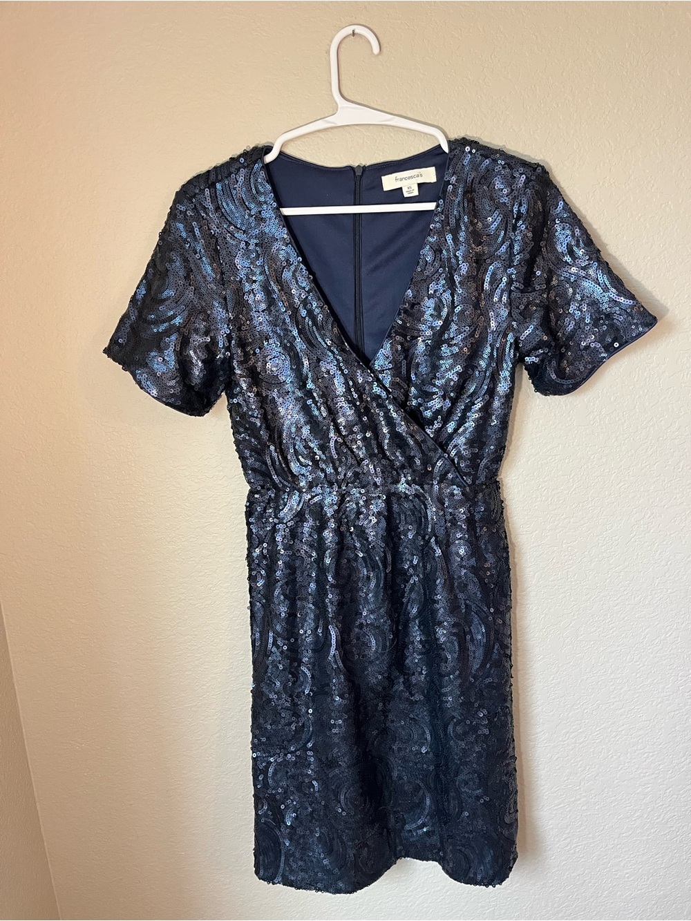 Francesca’s Navy Blue Paisley Sequin Wrap Mini Dress XS Cocktail Party Formal
